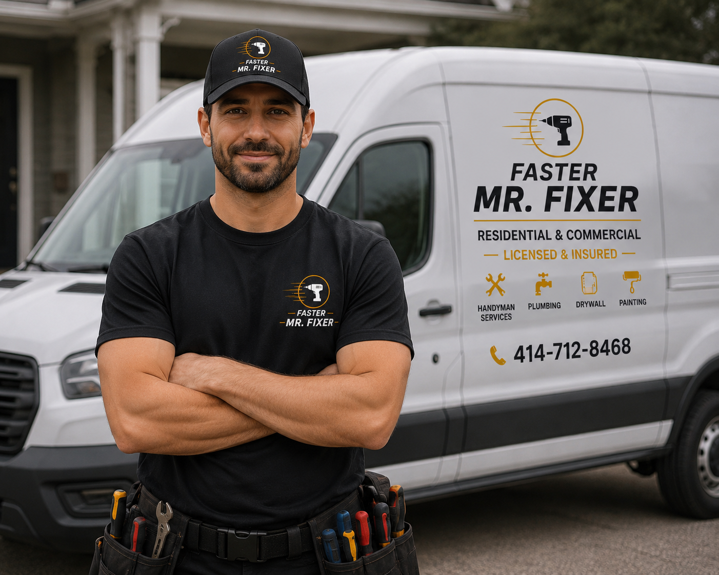 Handyman standing in front of his service van with tools